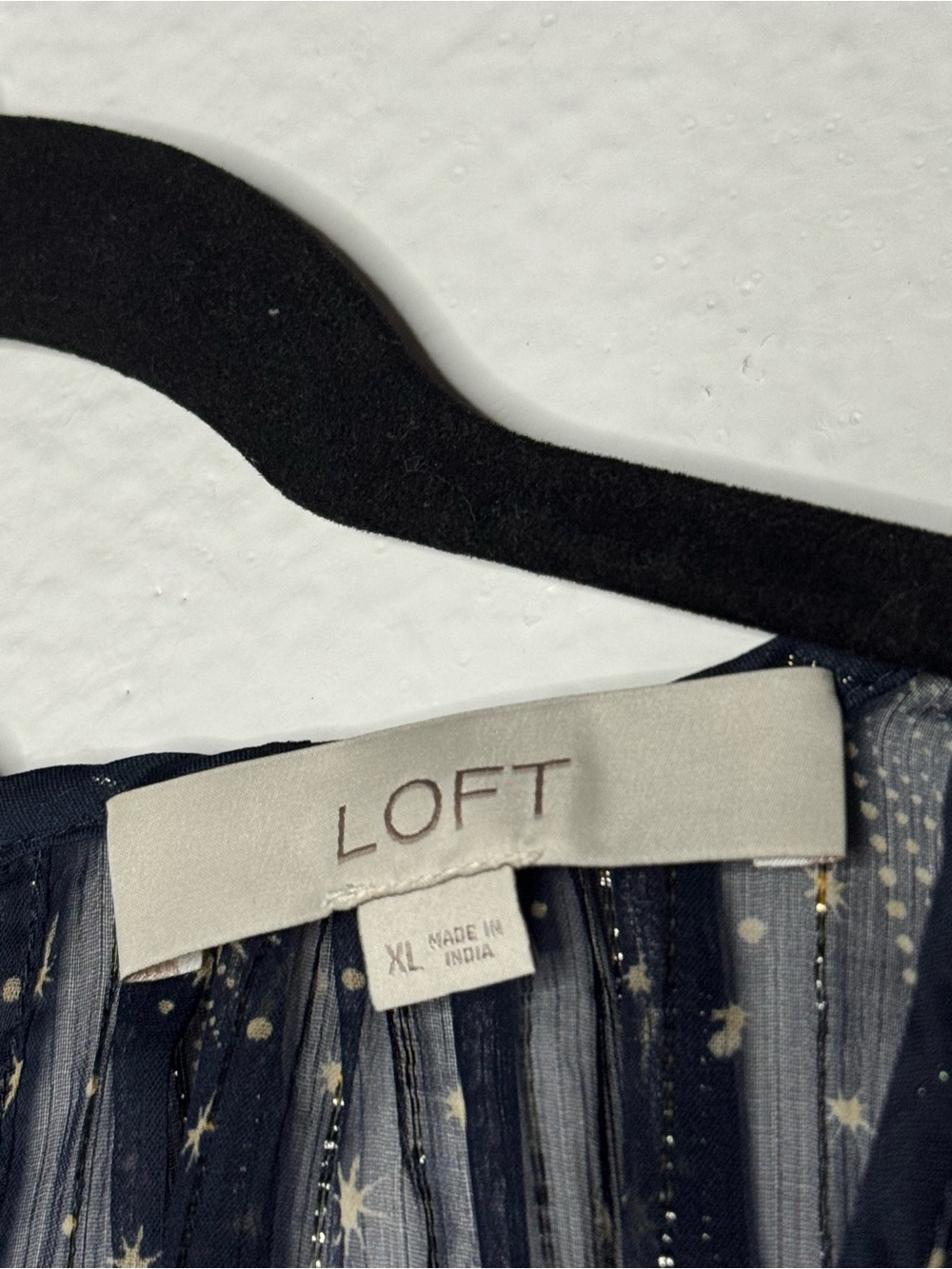 LOFT Celestial Shimmer Ruffle Peplum Blouse Navy Blue Sheer Star Print Sz XL - Picture 10 of 10